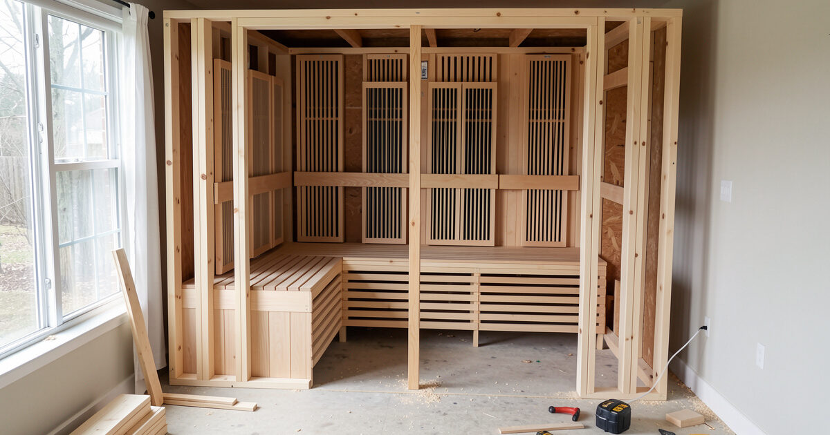 DIY infrared sauna build beside a prefab cabin comparing where the cost goes