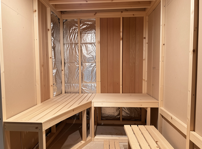 A closet being converted into a DIY infrared sauna with panels and bench framing