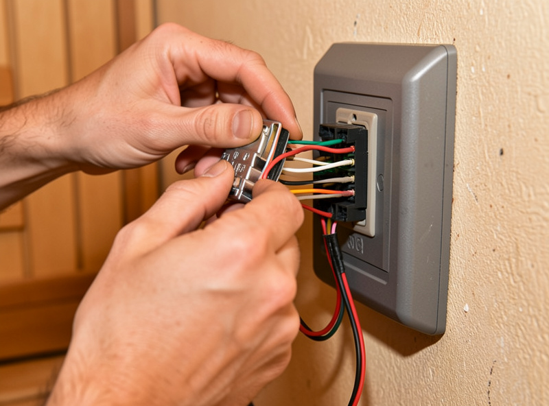 DIY infrared sauna panels being wired into a controller during a home build