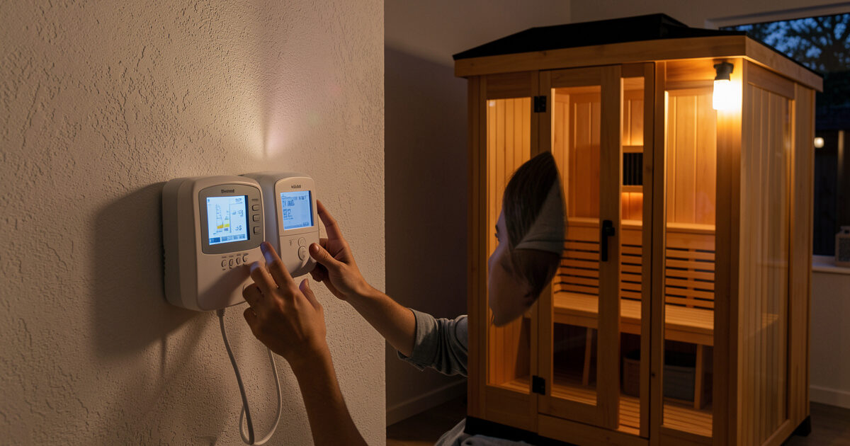 Plug-in energy meter reading the kilowatt draw of an infrared sauna session