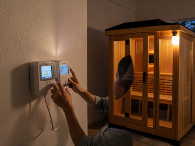 Plug-in energy meter reading the kilowatt draw of an infrared sauna session