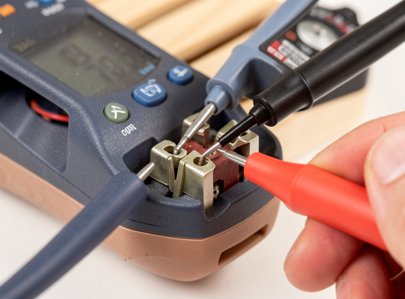 Multimeter probes testing continuity on an infrared sauna heater element connector during troubleshooting