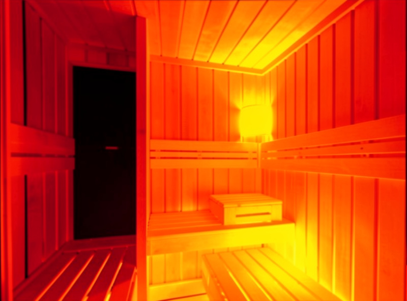Thermal camera view of an infrared sauna interior showing one dark cold panel among warm panels