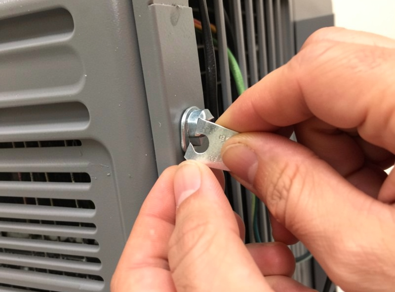 Hands re-seating a spade connector on the wiring behind an infrared sauna heater panel