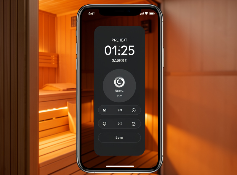 Phone showing a sauna remote preheat button with a cabin warming in the background