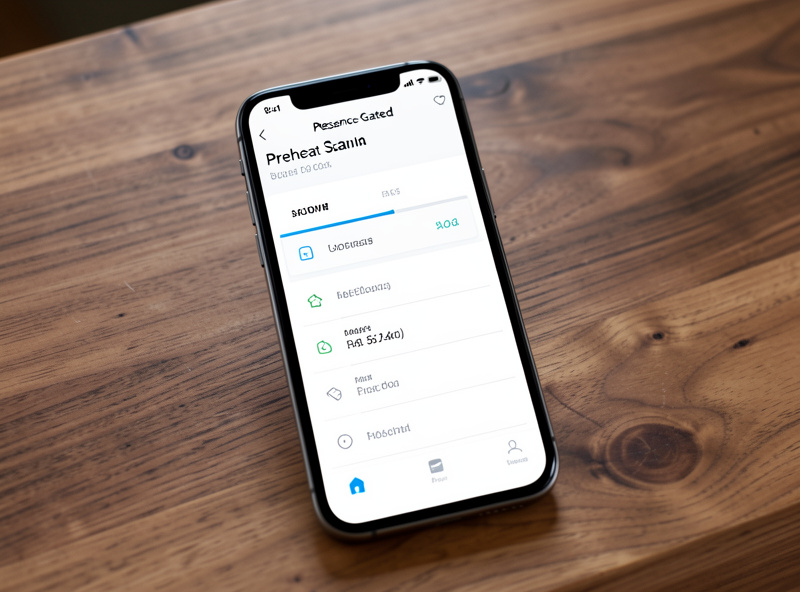 Smart-home automation showing presence-gated sauna preheat schedule on a phone