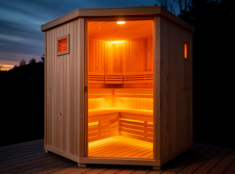 Warm infrared sauna cabin at temperature ready to use after a scheduled preheat