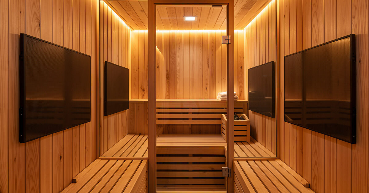 Infrared sauna cabin interior with carbon far-infrared panels showing the heater spectrum