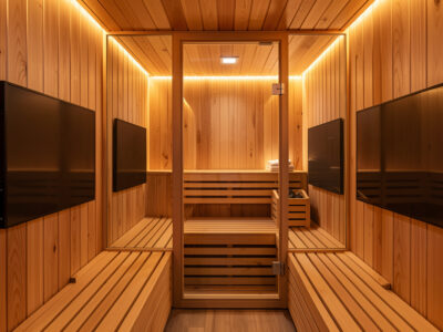 Infrared sauna cabin interior with carbon far-infrared panels showing the heater spectrum