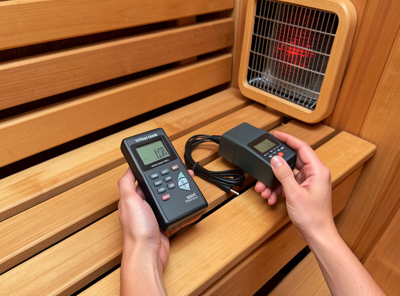 TriField TF2 meter and kill-a-watt energy meter measuring an infrared sauna heater panel