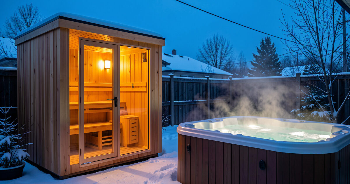 Indoor infrared sauna cabin and outdoor hot tub in a winter home wellness setup
