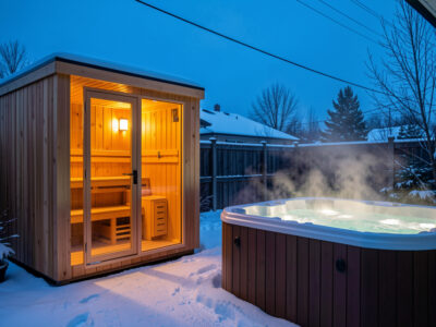 Indoor infrared sauna cabin and outdoor hot tub in a winter home wellness setup