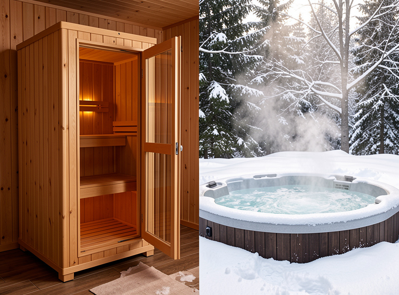 A dry infrared sauna cabin indoors next to an outdoor hot tub steaming in the snow, contrasting dry heat and hot water