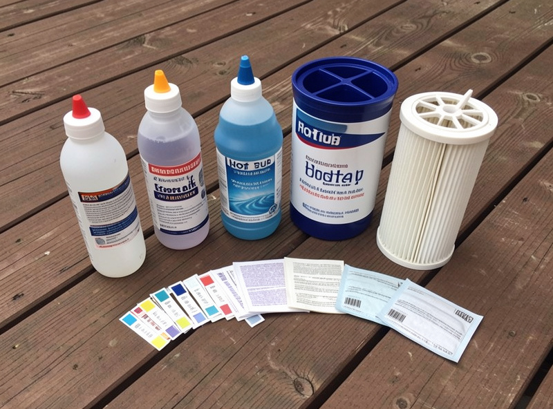 Hot tub water testing strips and chemicals beside a filter, showing the ongoing maintenance a hot tub requires