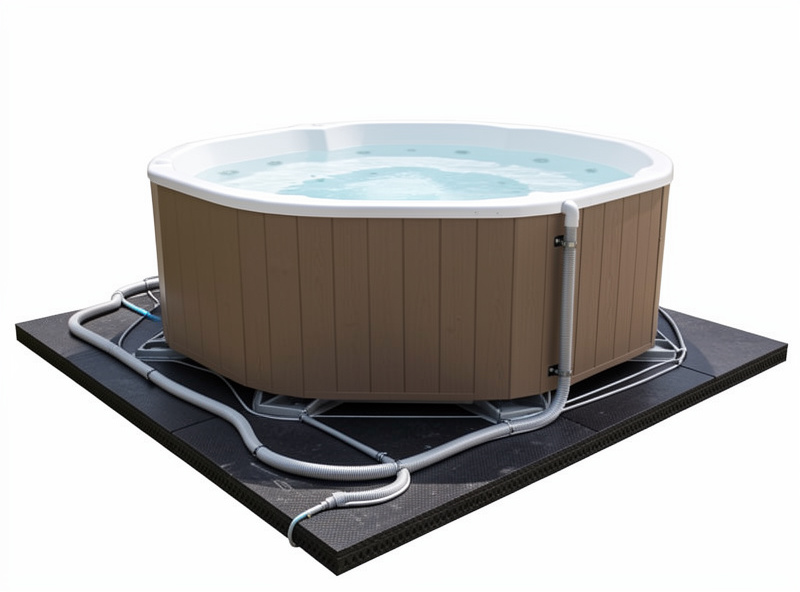 Large outdoor hot tub on a reinforced deck pad showing the structural base and electrical supply it requires