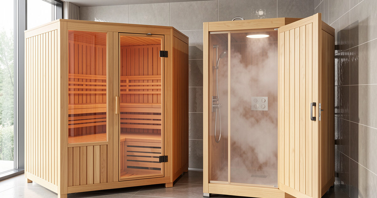 Infrared sauna and steam room compared side by side in a modern spa
