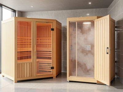 Infrared sauna and steam room compared side by side in a modern spa