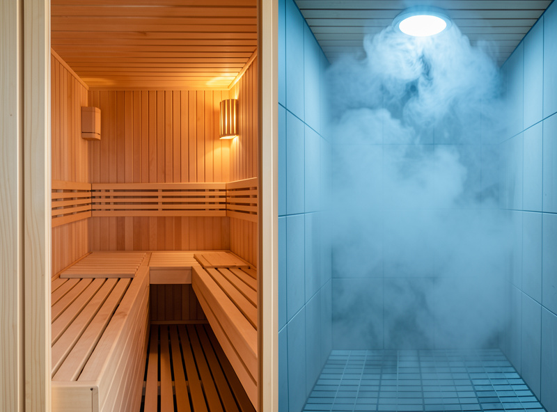 Dry infrared sauna cabin interior beside a steamy tiled steam room, illustrating dry radiant heat versus saturated humid air