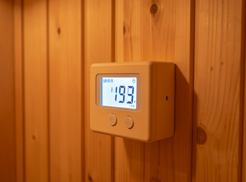 Digital hygrometer reading low humidity inside a dry infrared sauna cabin