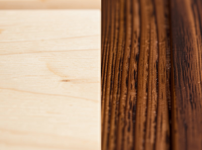 Close-up of pale smooth basswood sauna bench grain compared to darker thermally modified wood