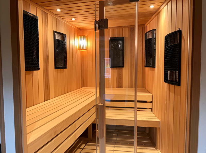 Interior of a hemlock infrared sauna cabin showing bench, glass door and carbon heater panels