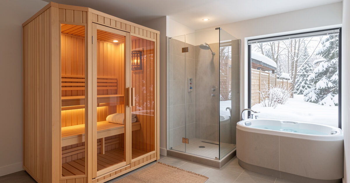 Infrared sauna cabin, steam enclosure, and outdoor hot tub compared in a Scandinavian home wellness room