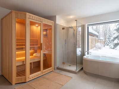 Infrared sauna cabin, steam enclosure, and outdoor hot tub compared in a Scandinavian home wellness room