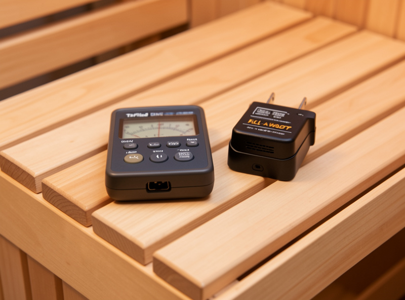 TriField meter and kill-a-watt energy monitor on a hemlock infrared sauna bench during a comparison session