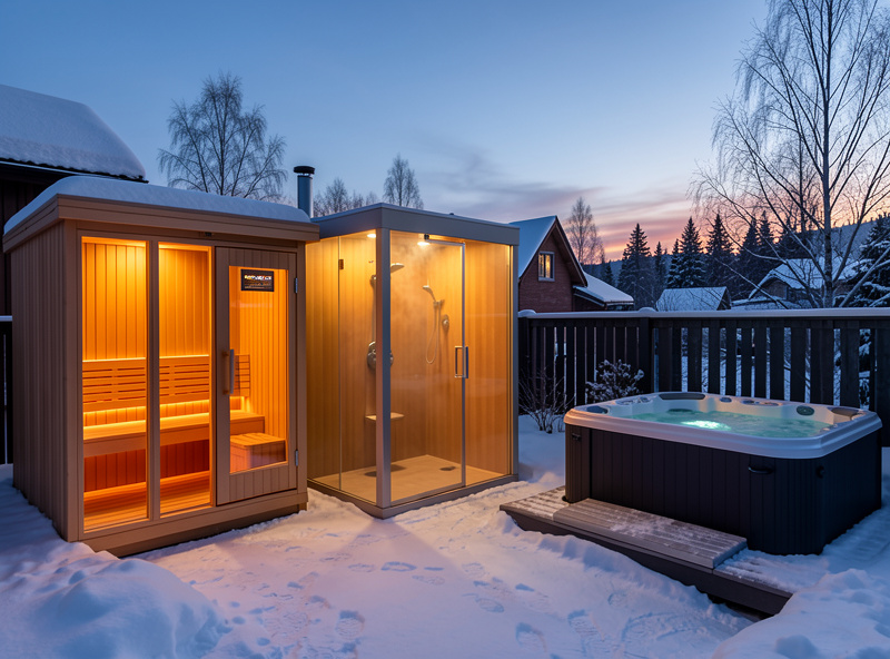 Side-by-side home wellness options: infrared cabin, steam enclosure, and outdoor hot tub on a snowy Swedish patio