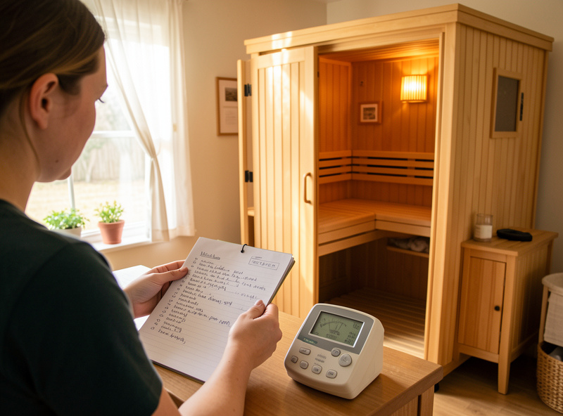 Owner reviewing a session log and energy readings next to a two-person far-infrared cabin in a home setup