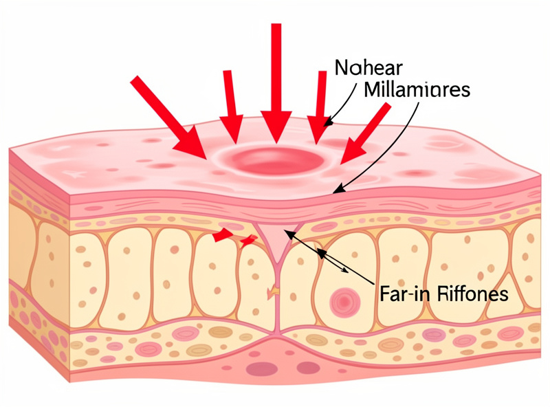 Cross-section diagram showing near-infrared reaching several millimeters into skin while far-infrared stops at the surface