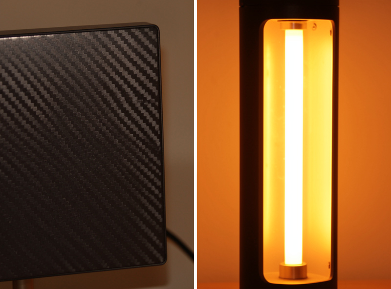 Side by side comparison of a flat black carbon-fiber infrared heater panel and a glowing ceramic rod heating element inside a sauna cabin