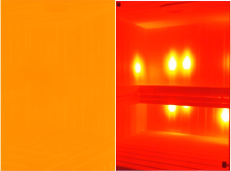 Thermal-camera style view of an infrared sauna interior showing an even warm field from carbon panels versus concentrated hot spots from ceramic rods