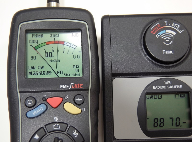 An EMF meter showing two different modes, one for low-frequency magnetic field and one for radio frequency, beside an infrared sauna controller