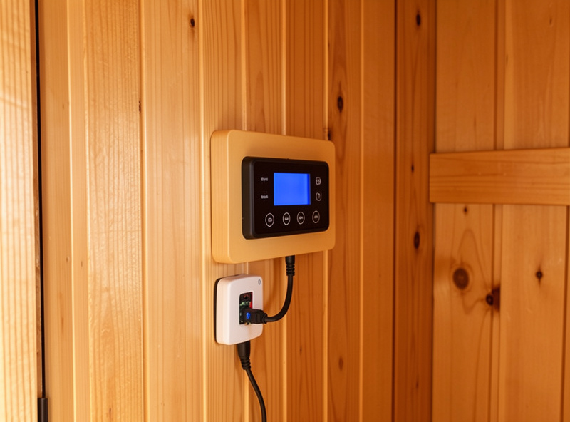 An infrared sauna controller and Bluetooth audio module mounted in a cabin, identified as the radio frequency source, no people