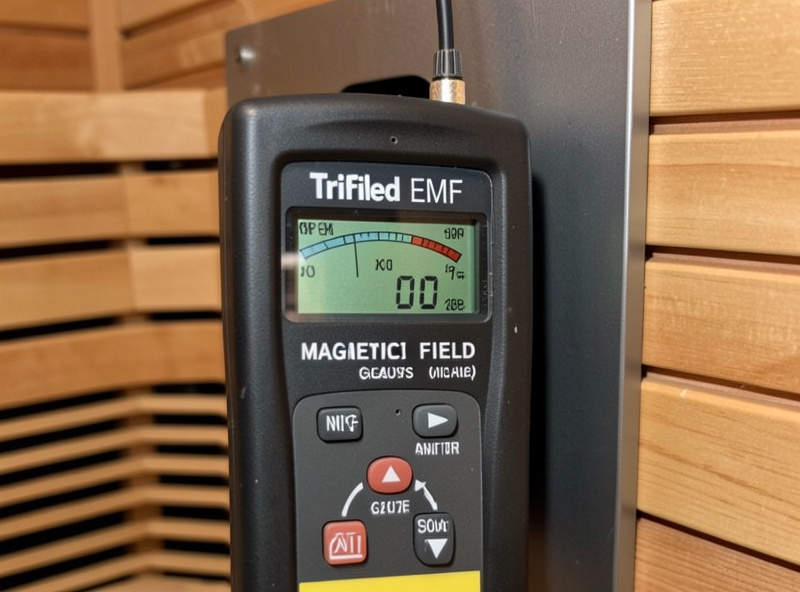 A TriField TF2 EMF meter set to magnetic field mode held near an infrared sauna heater panel showing a milligauss reading