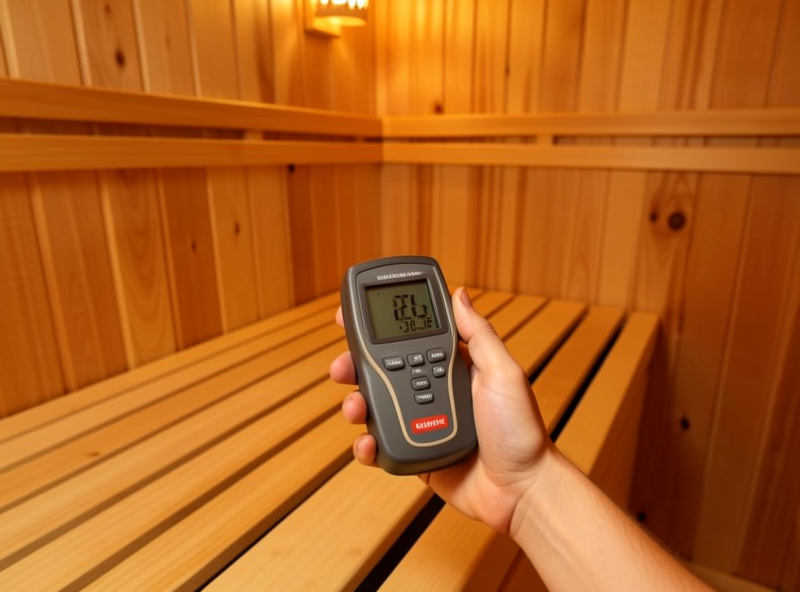 Hand holding an EMF meter at the seat position inside an infrared sauna cabin, measuring the field where the body sits, no faces