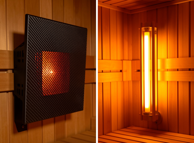 Open infrared sauna cabin showing carbon-fiber heater panels and a ceramic rod element mounted behind protective grilles