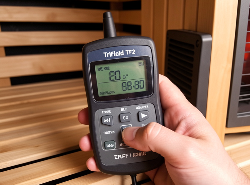 A TriField TF2 meter held near an infrared sauna heater panel showing a magnetic field reading in milligauss