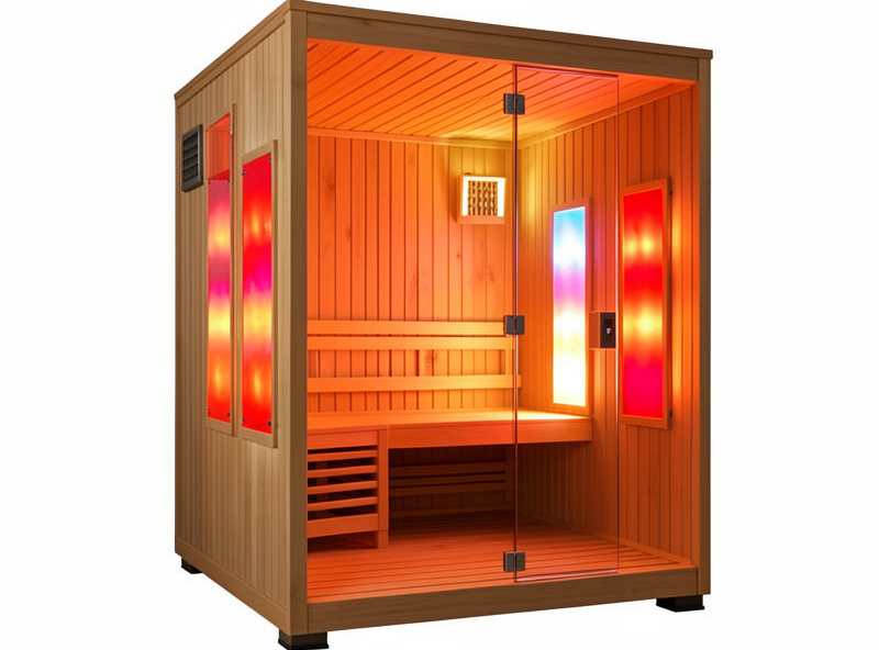 Cutaway style view of a full-spectrum infrared sauna showing far-infrared panels around the walls and a single near-infrared emitter, no people