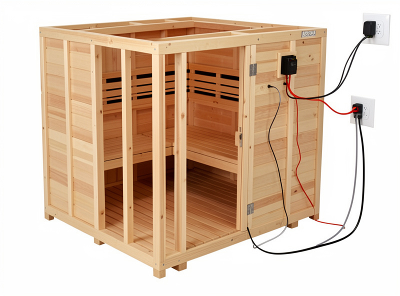 A grounded infrared sauna cabin chassis connected to a dedicated electrical circuit, illustrating low-EMF install practice, no people
