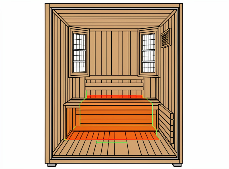 Interior of an infrared sauna showing heater panels positioned behind the back, at the sides, at shin level and near the floor for full radiant coverage