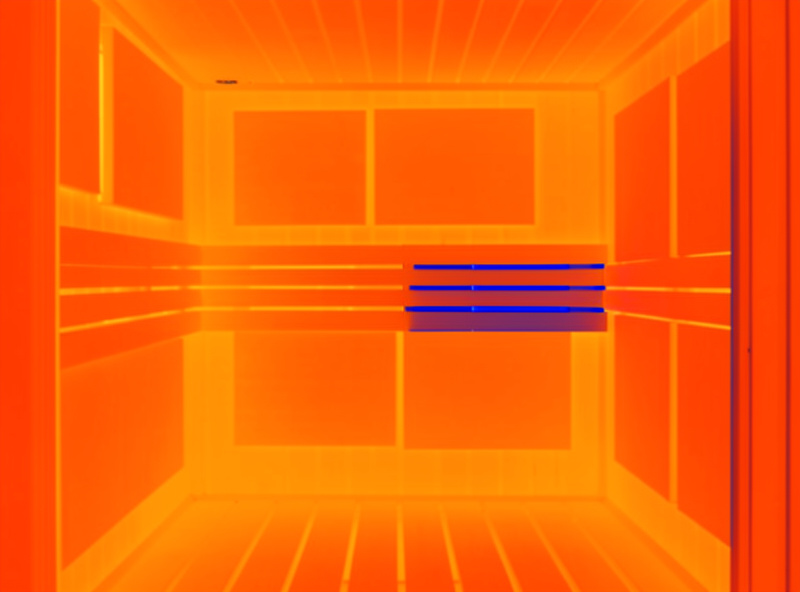 A thermal camera view of an infrared sauna interior showing even warm coverage where panels are placed and a cool zone where a panel is missing, no people