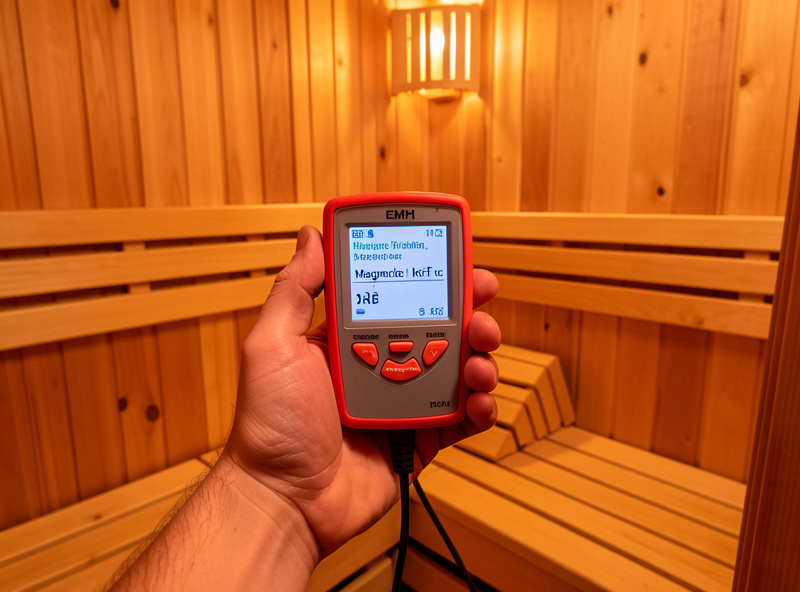A person metering the three EMF field types in an infrared sauna before deciding on any fix, no faces