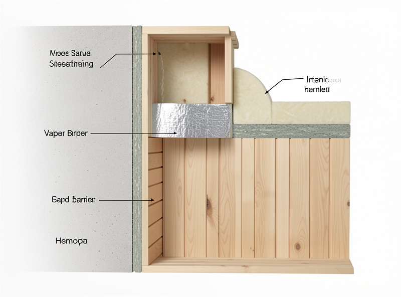 Cross-section of a sauna wall showing sheathing, insulation, foil barrier, air gap, and hemlock lining