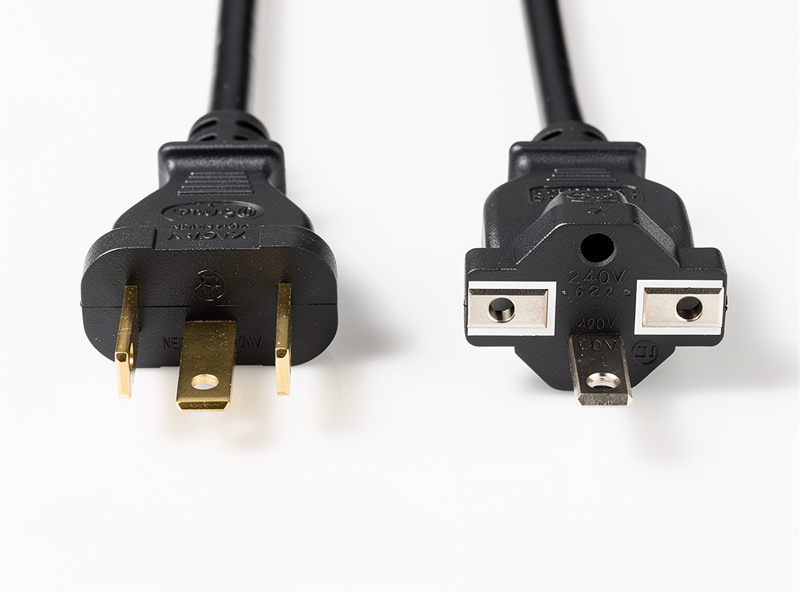 A standard 120V plug and a 240V plug shown side by side on a white surface