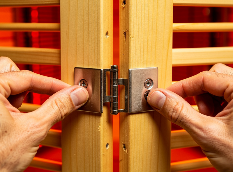 Close-up of two infrared sauna wall panels being joined by a metal buckle connector