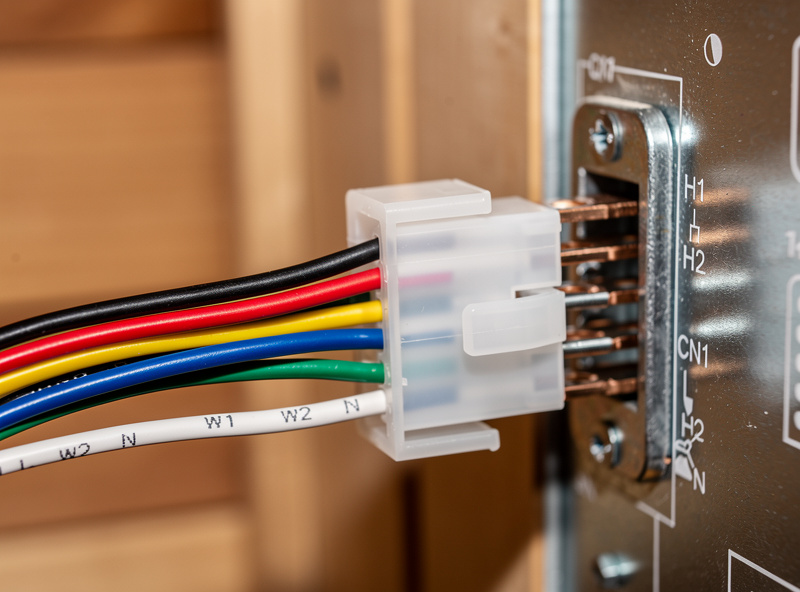 A keyed, labeled wiring harness connector being plugged into a heater panel