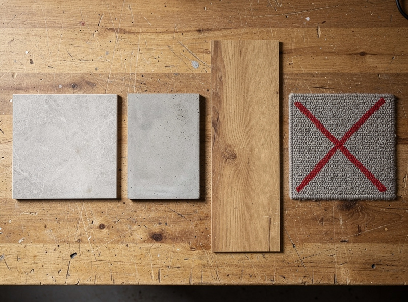 Flooring samples compared: tile, sealed concrete, vinyl plank, and a crossed-out carpet square