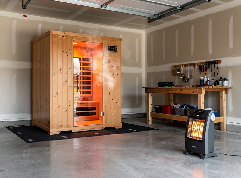An infrared sauna in an insulated garage with a moisture barrier mat under it on sealed concrete
